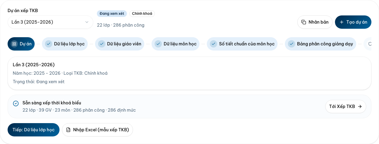 Tạo / nhân bản dự án, gắn QLTH, PCGD và ràng buộc — Desktop