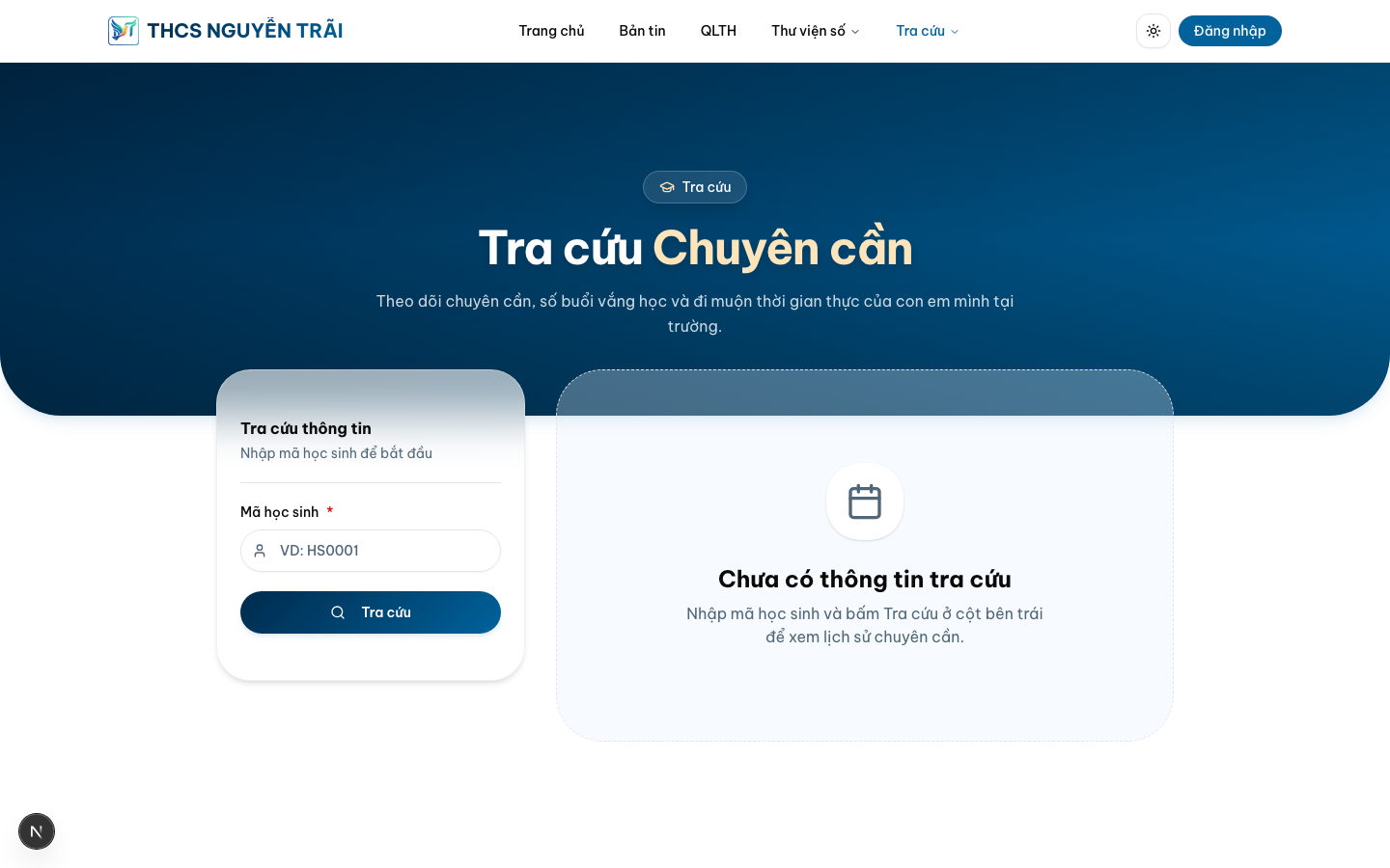 Tra cứu chuyên cần theo mã học sinh — Trang tra cứu — Desktop