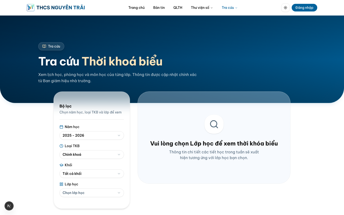 Xem lịch học theo lớp — Trang tra cứu — Desktop